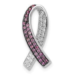 14k White Gold Diamond & Lab Created Pink Sapphire Cancer Awareness Ribbon Slide